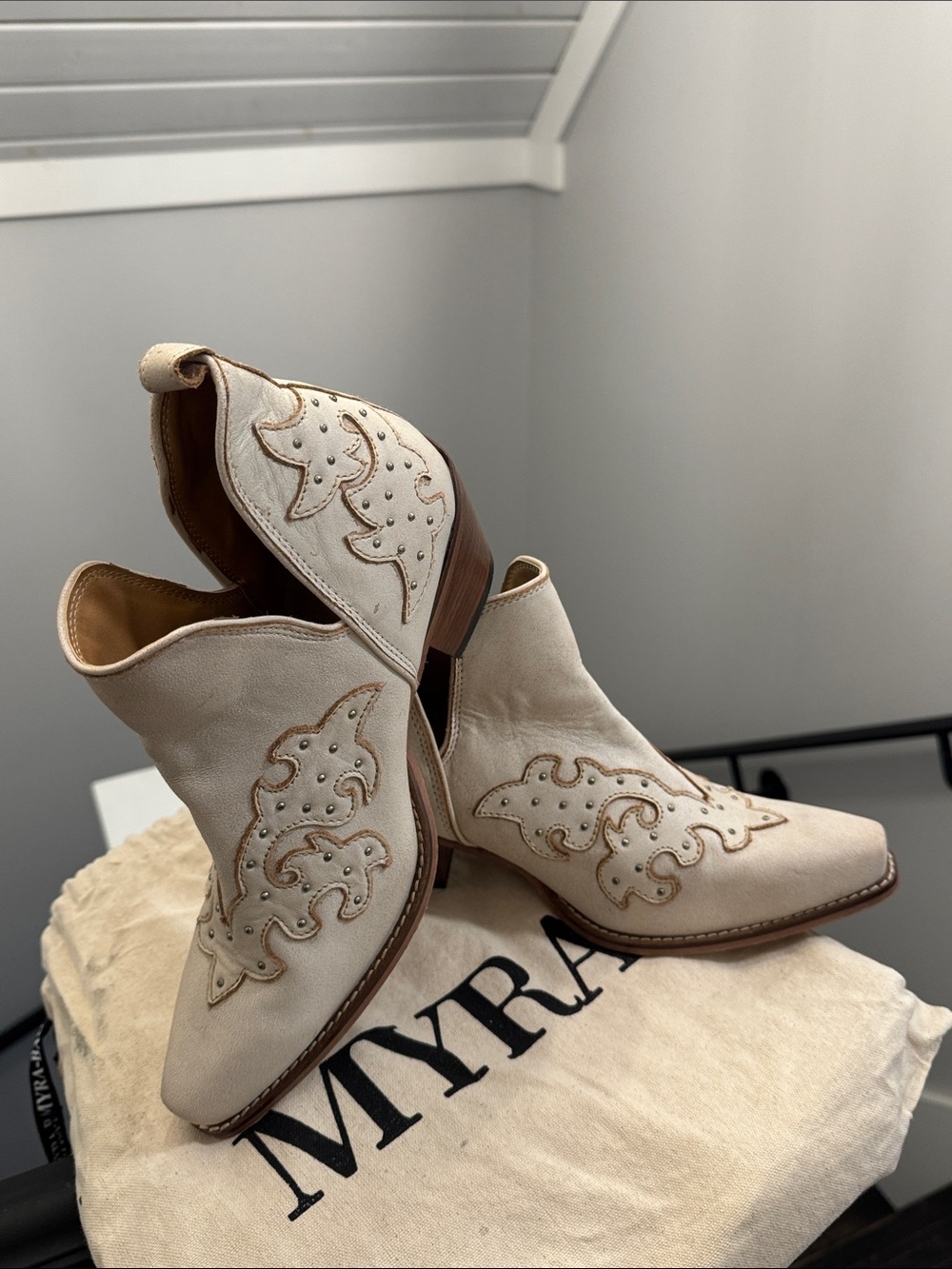 Myra Bag Cream Western Ankle Booties with Embroidered Stud Detail
